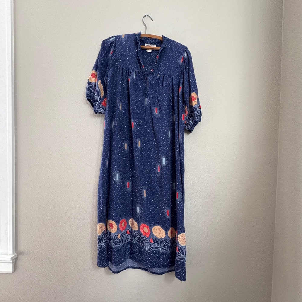 Vintage Puff Sleeve Floral Navy House Dress